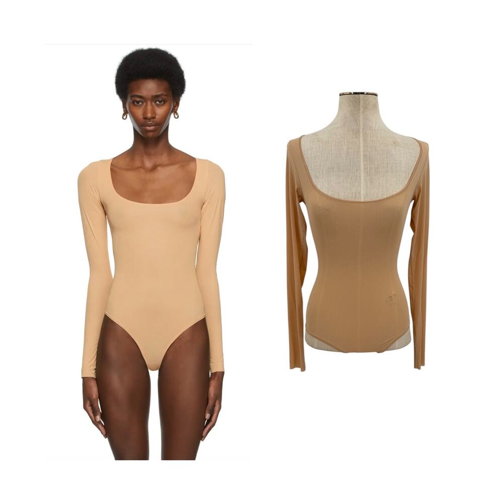 Skims Jelly Sheer Long Sleeve Scoop Neck Thong Bodysuit Clay Nude XS NWT
